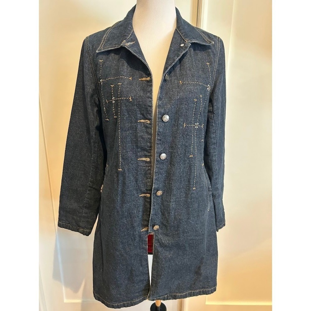 Women's Dark Wash Denim Button Front Long Sleeve Embroidered Lined Jacket‎ Coat